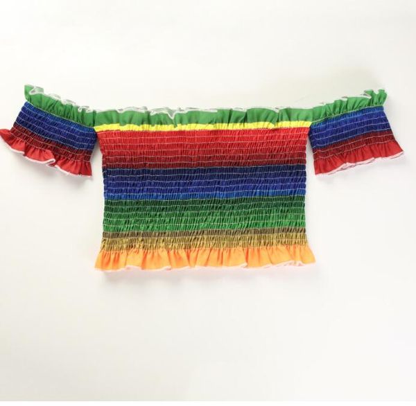 2018 summer new vintage rainbow slash neck short-sleeved t-shirt, White
2018 summer new vintage rainbow slash neck short-sleeved t-shirt, White