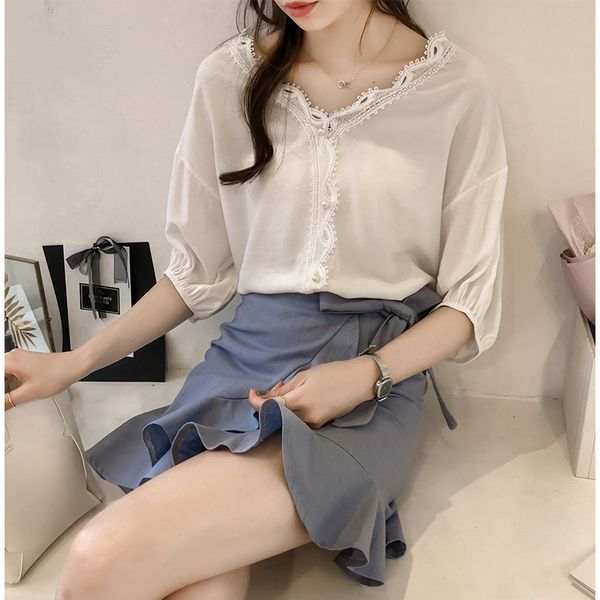 korean style women blouse shirts lace v neck 2018 summer 3/4 sleeves elegant female blusa ws9568k, White
korean style women blouse shirts lace v neck 2018 summer 3/4 sleeves elegant female blusa ws9568k, White