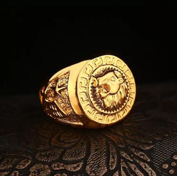 

Hip hop Men's Rings Jewelry Free Masonic 24k gold Lion Medallion Head Finger Ring for men women gift