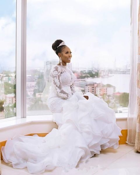 long sleeve boat neck wedding dresses beaded lace ruffles organza tiered skirt mermaid 2019 african bridal gown custom plus size, White
long sleeve boat neck wedding dresses beaded lace ruffles organza tiered skirt mermaid 2019 african bridal gown custom plus size, White