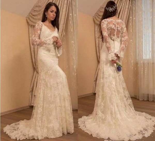 vestidos de novia 2018 vintage lace applique mermaid wedding dresses with long sleeves sweep train v-neck wedding dress boho bridal gowns, White
vestidos de novia 2018 vintage lace applique mermaid wedding dresses with long sleeves sweep train v-neck wedding dress boho bridal gowns, White