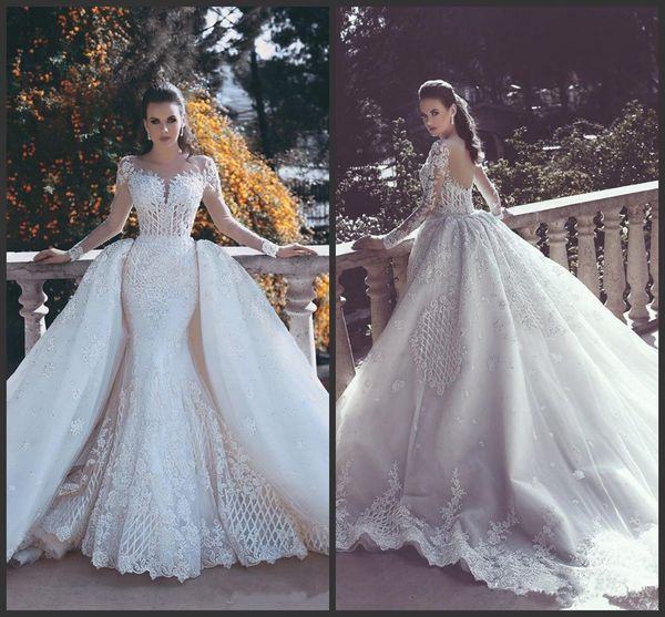 2019 new backless mermaid lace wedding dresses with detachable train plunging neck sleeves beaded tulle overskirt dubai arabic bridal gowns, White
2019 new backless mermaid lace wedding dresses with detachable train plunging neck sleeves beaded tulle overskirt dubai arabic bridal gowns, White