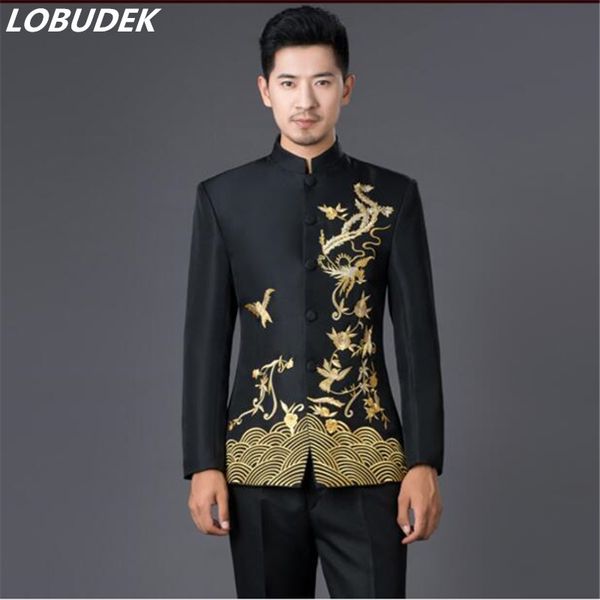 male formal dress blue and white porcelain black and white suits slim chinese tunic suit for singer dancer star, White;black
male formal dress blue and white porcelain black and white suits slim chinese tunic suit for singer dancer star, White;black