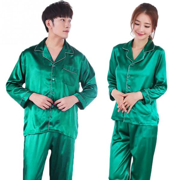 Women Men Casual Design Soft Satin Material Silk Satin Pajama Sets Long Sleeve Sleepwear Couple Casual Homewear Nightwear