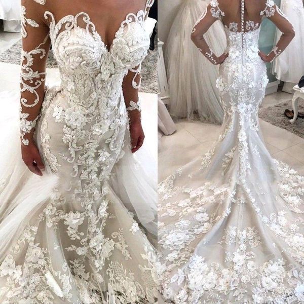 

Lace Mermaid Wedding Dresses 2019 Sheer Long Sleeves Tulle Lace Applique 3d Floral Court Train Wedding Bridal Gowns With Buttons BA9786
