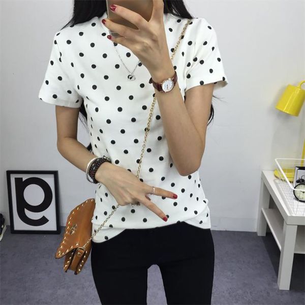 women's summer t-shirt clothes shirt o-neck polka dotted short bottoming ing, White
women's summer t-shirt clothes shirt o-neck polka dotted short bottoming ing, White
