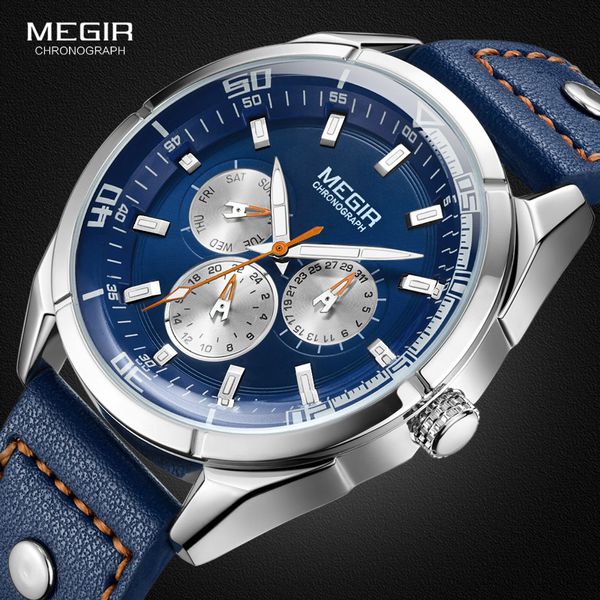 

megir men's fashion leather quartz watches with calendar date week 24-hour luminous wristwatch for man boys blue 2072gbe-2, Slivery;brown
