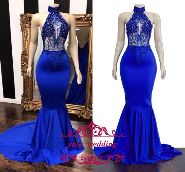 royal blue mermaid prom dresses high neck halter beaded appliques satin backless african evening party dresses sweep train, Black
royal blue mermaid prom dresses high neck halter beaded appliques satin backless african evening party dresses sweep train, Black
