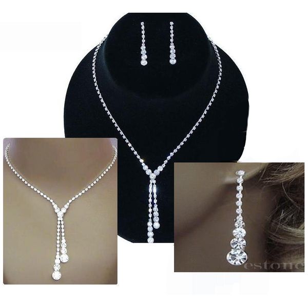 beautiful wedding bridal rhinestone drop crystal necklace earrings jewelry set, Silver 
beautiful wedding bridal rhinestone drop crystal necklace earrings jewelry set, Silver