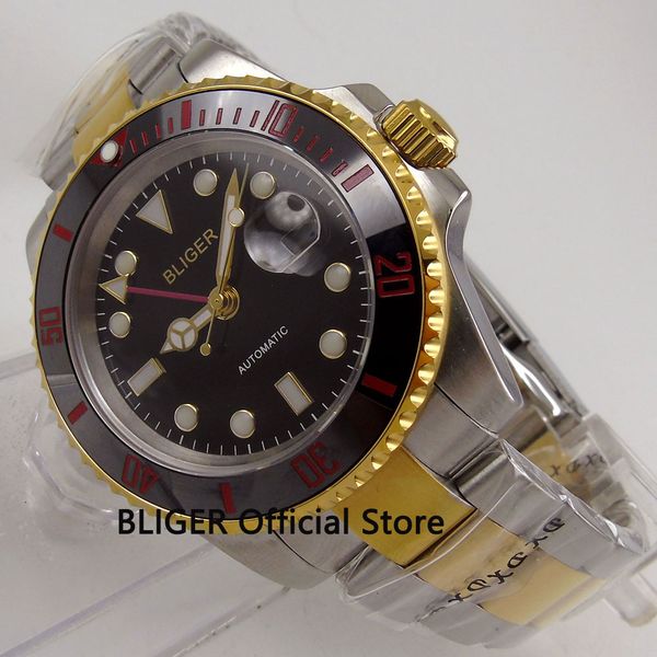solid bliger 40mm black dial black ceramic rotating bezel golden plated gmt function sapphire automatic movement men's watch b26, Slivery;brown
solid bliger 40mm black dial black ceramic rotating bezel golden plated gmt function sapphire automatic movement men's watch b26, Slivery;brown