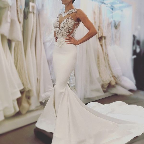mermaid wedding dresses see through bodice sheer jewel neck sleeveless beaded lace appliques open back fitted bridal gowns with train, White
mermaid wedding dresses see through bodice sheer jewel neck sleeveless beaded lace appliques open back fitted bridal gowns with train, White