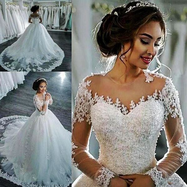 amazing sheer neck wedding dresses lace applique beads illusion long sleeves bridal gowns long train buttons plus size wedding dress, White
amazing sheer neck wedding dresses lace applique beads illusion long sleeves bridal gowns long train buttons plus size wedding dress, White