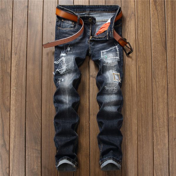 2018 newew casual washed cotton hole distress ripped jeans fashion biker jeans men hip hop straight slim denim pants homme, Blue 
2018 newew casual washed cotton hole distress ripped jeans fashion biker jeans men hip hop straight slim denim pants homme, Blue