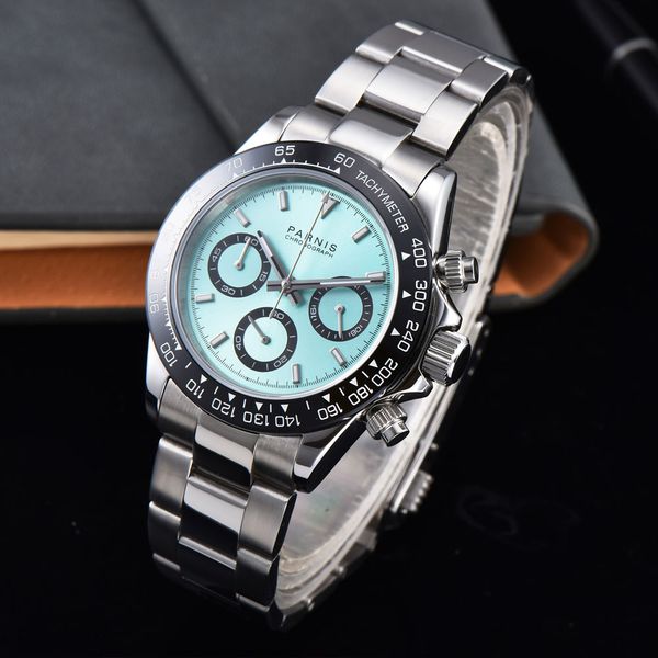 39mm blue dial sapphire cermaic bezel full chronograph quartz mens watch, Slivery;brown
39mm blue dial sapphire cermaic bezel full chronograph quartz mens watch, Slivery;brown