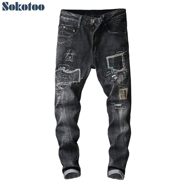 sokotoo men's patches embroidery black denim ripped jeans patchwork holes slim straight pants, Blue
sokotoo men's patches embroidery black denim ripped jeans patchwork holes slim straight pants, Blue