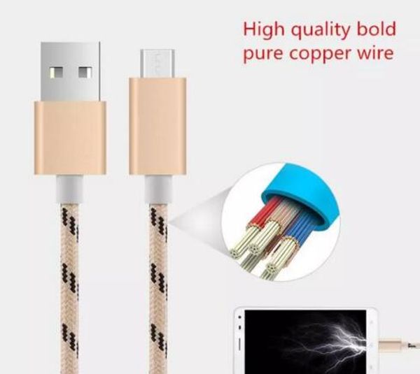 

2.1A 1m 3ft 2m 6ft 3m 10ft fast charger Metal Braided Cooper Wire Sync Data Charger type-c Cable for smartphone micro usb DHL Free Shipping