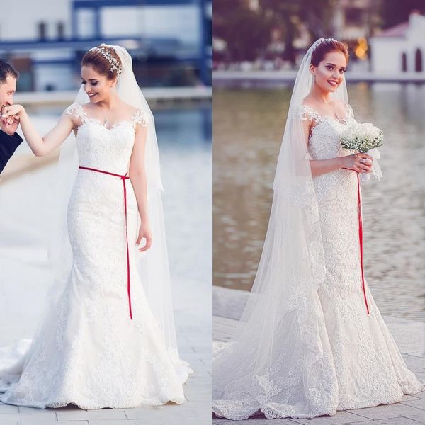 elegant 2018 lace mermaid wedding dresses with red sash sheer scoop neck capped sleeve bridal gowns plus size custom made en2052, White
elegant 2018 lace mermaid wedding dresses with red sash sheer scoop neck capped sleeve bridal gowns plus size custom made en2052, White