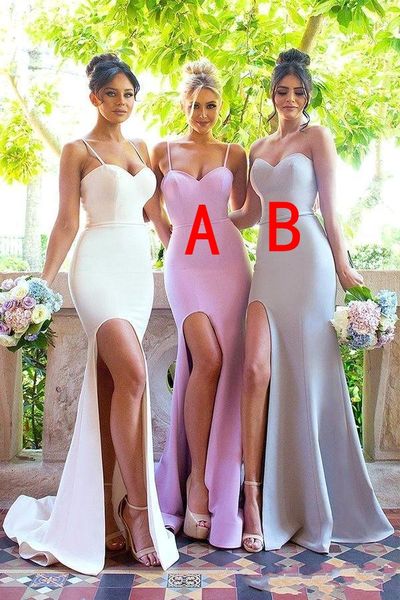 2018 sheath country beach mermaid bridesmaid dresses spaghetti straps side split junior sweetheart backless custom wedding guest gowns, White;pink
2018 sheath country beach mermaid bridesmaid dresses spaghetti straps side split junior sweetheart backless custom wedding guest gowns, White;pink