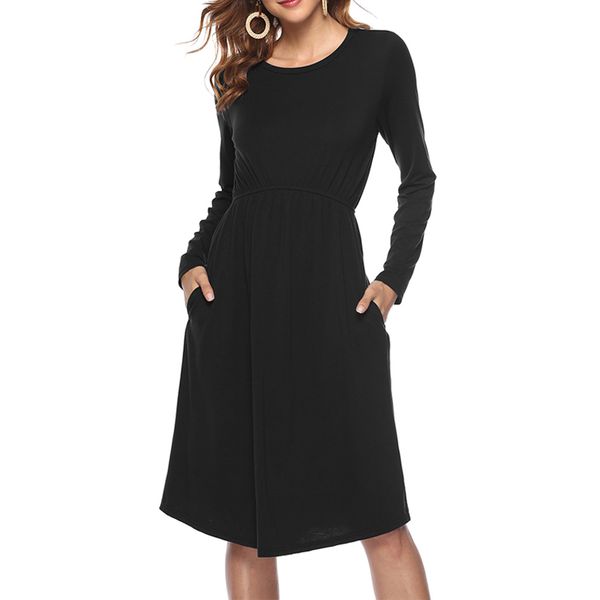 2018 осень и зима женщины повседневная карманные платья шею сплошной цвет талии с длинным рукавом платье, Black;gray