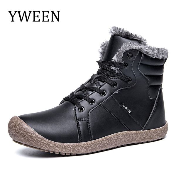 yween men's waterproof boots warm plush leather boots men antiskid ankle shoes with size 36-48, Black