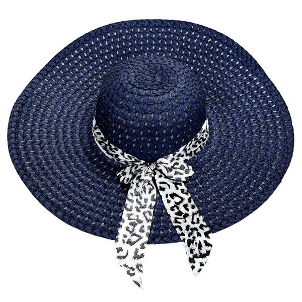 

2017 new dark blue summer exquisite leopard ribbon bowknot decorated openwork sun hat for women, Blue;gray