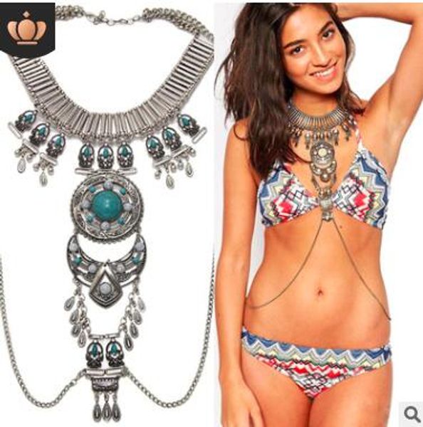 европа и америка большая цепочка богемия цепь свитер цепи антикварный драгоценный камень преувеличены аксессуары, Golden;silver