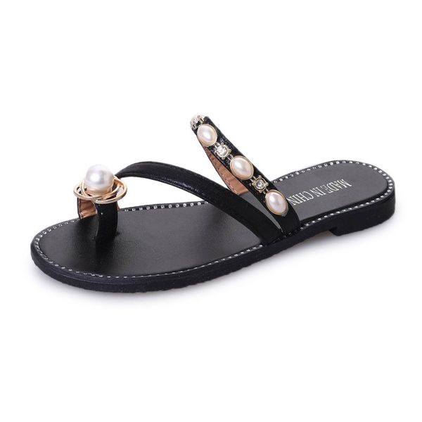 feet tights sandals and slippers women's open-toed pearls rhinestone flat word fashion cozy slippers, Black 
feet tights sandals and slippers women's open-toed pearls rhinestone flat word fashion cozy slippers, Black
