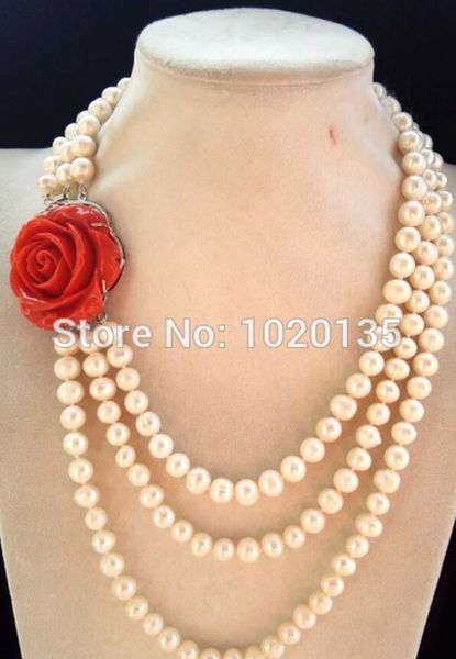 3rows freshwater pearl necklace white near round 8-9mm 17-20inch red flower clasp wholesale bead gift discount nature, Silver
3rows freshwater pearl necklace white near round 8-9mm 17-20inch red flower clasp wholesale bead gift discount nature, Silver
