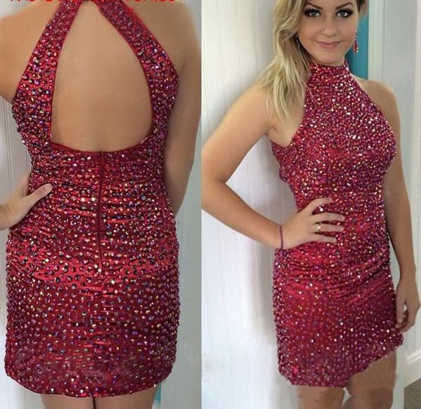 red cocktail dress backless high neck diamonds crystals beads satin sheath mini party gowns custom size, Black
red cocktail dress backless high neck diamonds crystals beads satin sheath mini party gowns custom size, Black