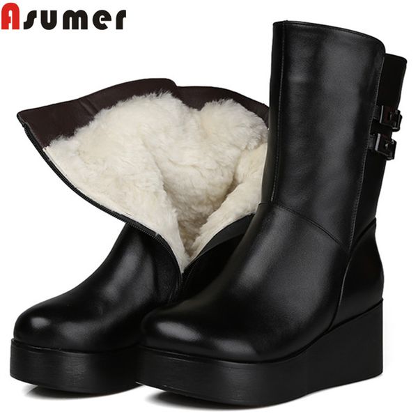 asumer 2018 new mid calf boots for women round toe zip pu+cow leather boots platform wedges shoes keep warm winter snow, Black
asumer 2018 new mid calf boots for women round toe zip pu+cow leather boots platform wedges shoes keep warm winter snow, Black