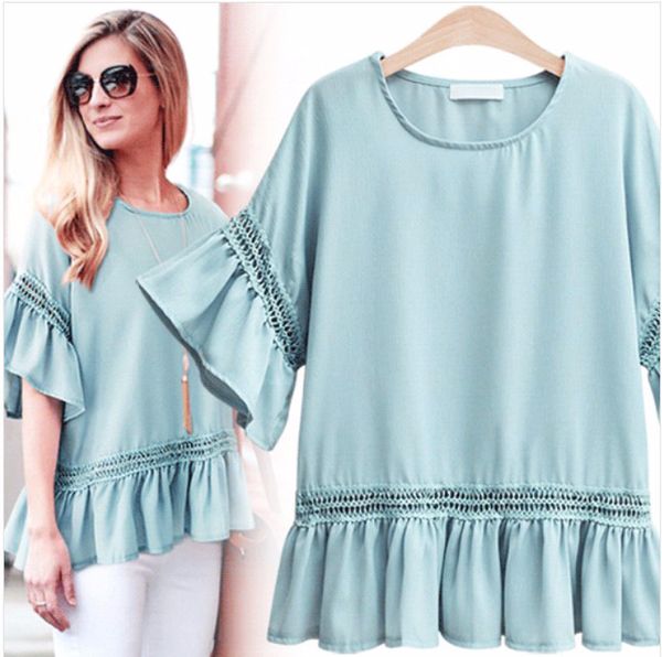 18 euro style new style hollow out lace pure color round neck flare sleeve bottoming shirt fashion casual all matched, White
18 euro style new style hollow out lace pure color round neck flare sleeve bottoming shirt fashion casual all matched, White