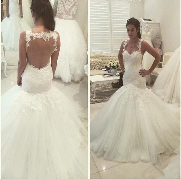 beaded lace mermaid wedding dresses illusion bodice backless ivory ruched tulle plus size bridal gowns, White
beaded lace mermaid wedding dresses illusion bodice backless ivory ruched tulle plus size bridal gowns, White