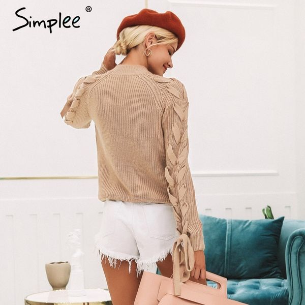 simplee o neck knitted thick pullover sweater casual lace up sleeve sweater 2018 autumn winter warm outerwear pullover women, White;black 
simplee o neck knitted thick pullover sweater casual lace up sleeve sweater 2018 autumn winter warm outerwear pullover women, White;black