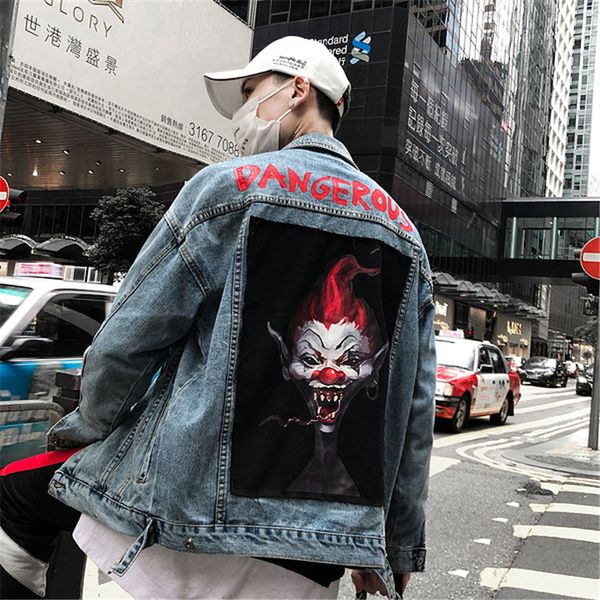 autumn 2018 new hip hop devil clown patch jeans jacket men, Black;brown 
autumn 2018 new hip hop devil clown patch jeans jacket men, Black;brown