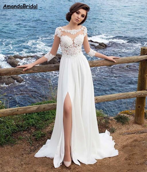 amandabridal 3 4 long sleeves beach bohemian wedding dresses chiffon scoop neck appliques long bridal gowns with side split, White
amandabridal 3 4 long sleeves beach bohemian wedding dresses chiffon scoop neck appliques long bridal gowns with side split, White