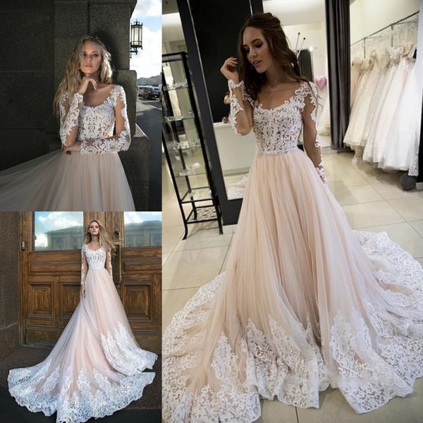 fashion lace beach wedding dresses beaded sheer bateau neck long sleeves bridal gowns a line tulle boho appliqued vestido de novia, White
fashion lace beach wedding dresses beaded sheer bateau neck long sleeves bridal gowns a line tulle boho appliqued vestido de novia, White