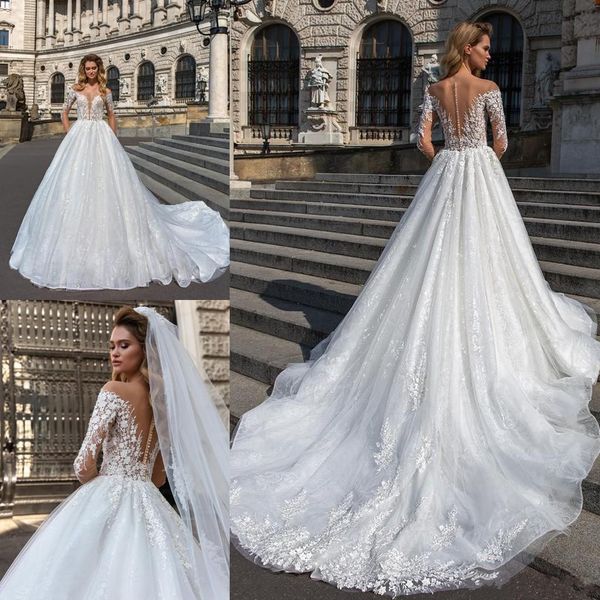 2019 new lace wedding dresses a line sheer neck appliqued robe de mariee 3/4 long sleeve church train bridal gowns, White
2019 new lace wedding dresses a line sheer neck appliqued robe de mariee 3/4 long sleeve church train bridal gowns, White