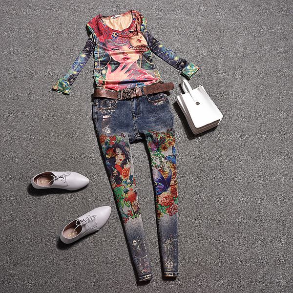european station autumn casual girl print floral t-shirt top suit set fashion casual jeans pants two-piece suit, Gray
european station autumn casual girl print floral t-shirt top suit set fashion casual jeans pants two-piece suit, Gray