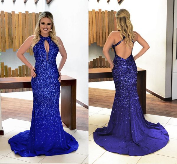stunning royal blue prom dresses with crystals beaded backless sweep train mermaid evening party gowns, Black
stunning royal blue prom dresses with crystals beaded backless sweep train mermaid evening party gowns, Black