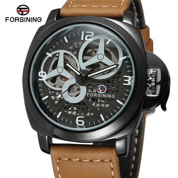 

forsining mens watches army sport clock male skeleton clocks automatic mechanical men watch gift 0223, Slivery;brown