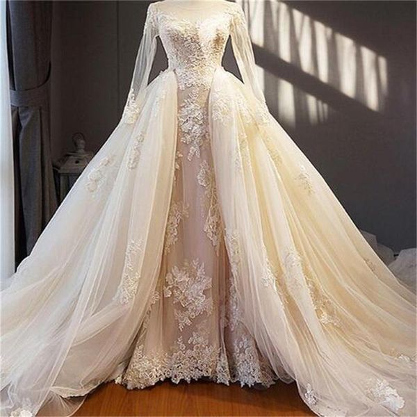 overskirts wedding dresses with illusion sleeves lace appliques long sleeves wedding dress tulle custom made vintage bridal gowns, White
overskirts wedding dresses with illusion sleeves lace appliques long sleeves wedding dress tulle custom made vintage bridal gowns, White