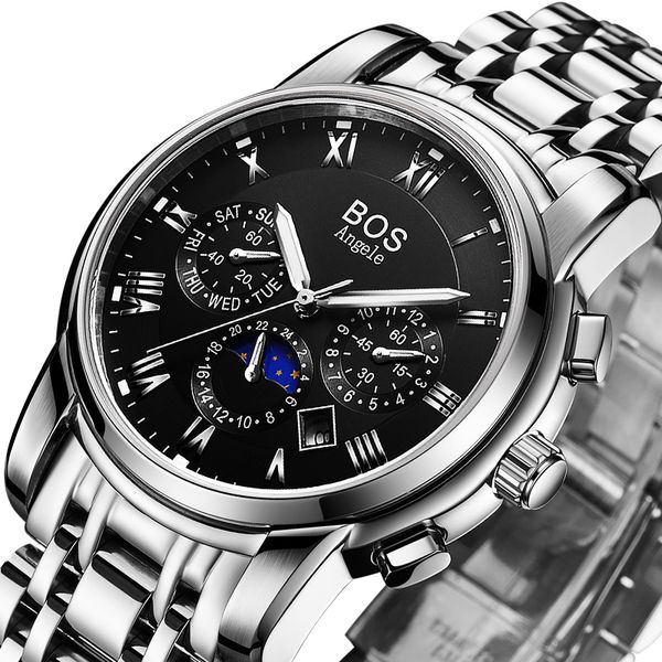 

angela bos 9011g automatic watch men mechanical watches mens movement wrist watch waterproof calendar luminous wristwatch, Slivery;brown