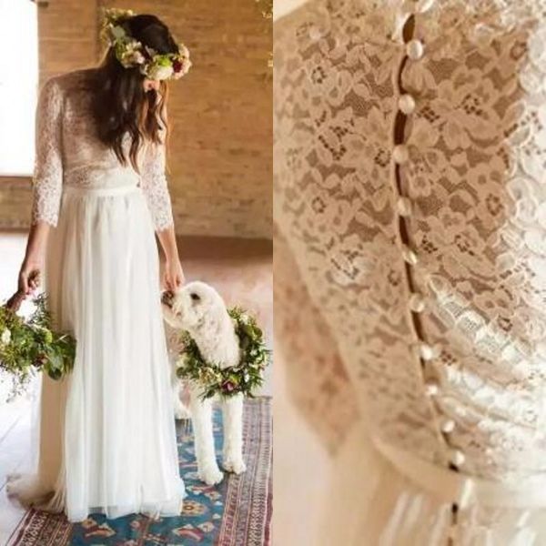 bohemian beach wedding dresses sheer jewel neck illusion lace sleeves buttons back soft tulle boho country bridal gowns sweep train, White
bohemian beach wedding dresses sheer jewel neck illusion lace sleeves buttons back soft tulle boho country bridal gowns sweep train, White
