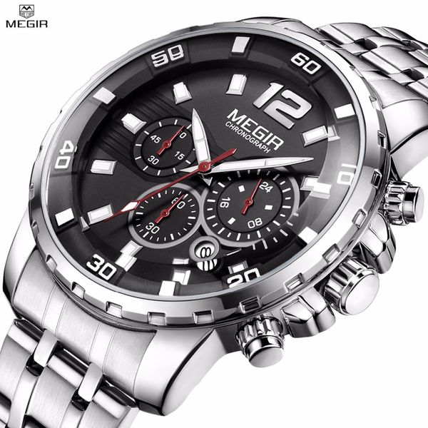 

megir men's chronograph quartz watches stainless steel analogue wristwatch 24-hour display waterproof luminous relogio masculino, Slivery;brown