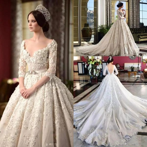 2018 luxury princess a line lace wedding dresses deep v neck 1/2 sleeves backless applique chapel train wedding bridal gowns custom made, White
2018 luxury princess a line lace wedding dresses deep v neck 1/2 sleeves backless applique chapel train wedding bridal gowns custom made, White