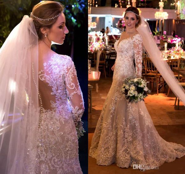 vintage mermaid lace wedding dresses with appliques sequins long sleeves wedding gowns sweep train sheer back covered buttons bridal dress, White
vintage mermaid lace wedding dresses with appliques sequins long sleeves wedding gowns sweep train sheer back covered buttons bridal dress, White