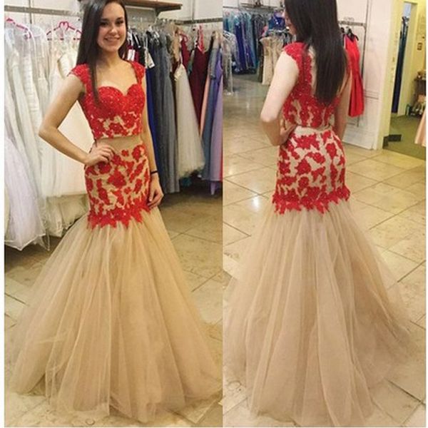 custom made mermaid champagne tulle prom dress red lace appliques two piece formal dresses, Black
custom made mermaid champagne tulle prom dress red lace appliques two piece formal dresses, Black