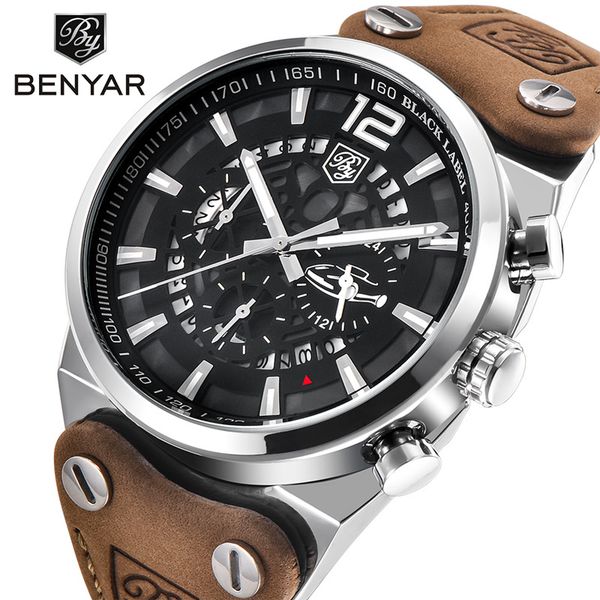 benyar man's business quartz watch leather chronograph watch waterproof date display clock analog sport wrist watches, Slivery;brown
benyar man's business quartz watch leather chronograph watch waterproof date display clock analog sport wrist watches, Slivery;brown