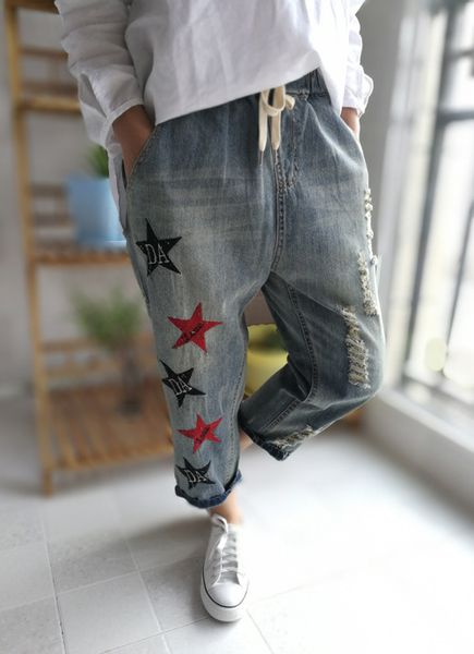 spring summer women embroidered denim pants ladies stars letters preppy style jeans calf length elastic waist denim trousers, Blue
spring summer women embroidered denim pants ladies stars letters preppy style jeans calf length elastic waist denim trousers, Blue
