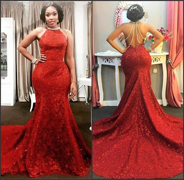 open back long train mermaid evening gown pearls chain sparkly sleeveless red amazing halter prom dress robe de soirée, Black;red
open back long train mermaid evening gown pearls chain sparkly sleeveless red amazing halter prom dress robe de soirée, Black;red